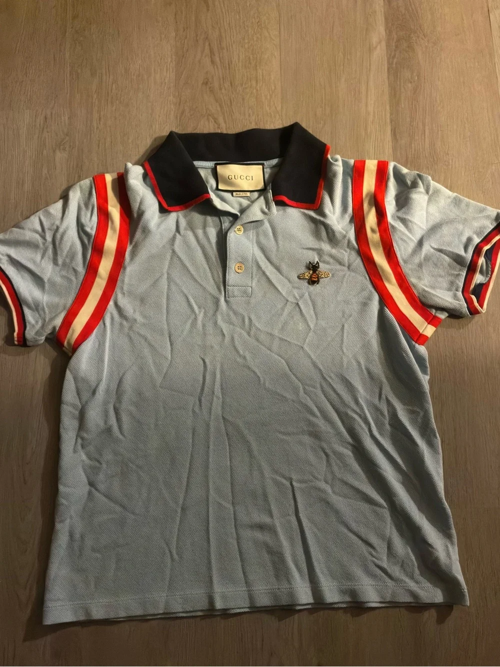 Gucci Light Blue Polo with Red and Cream Stripes